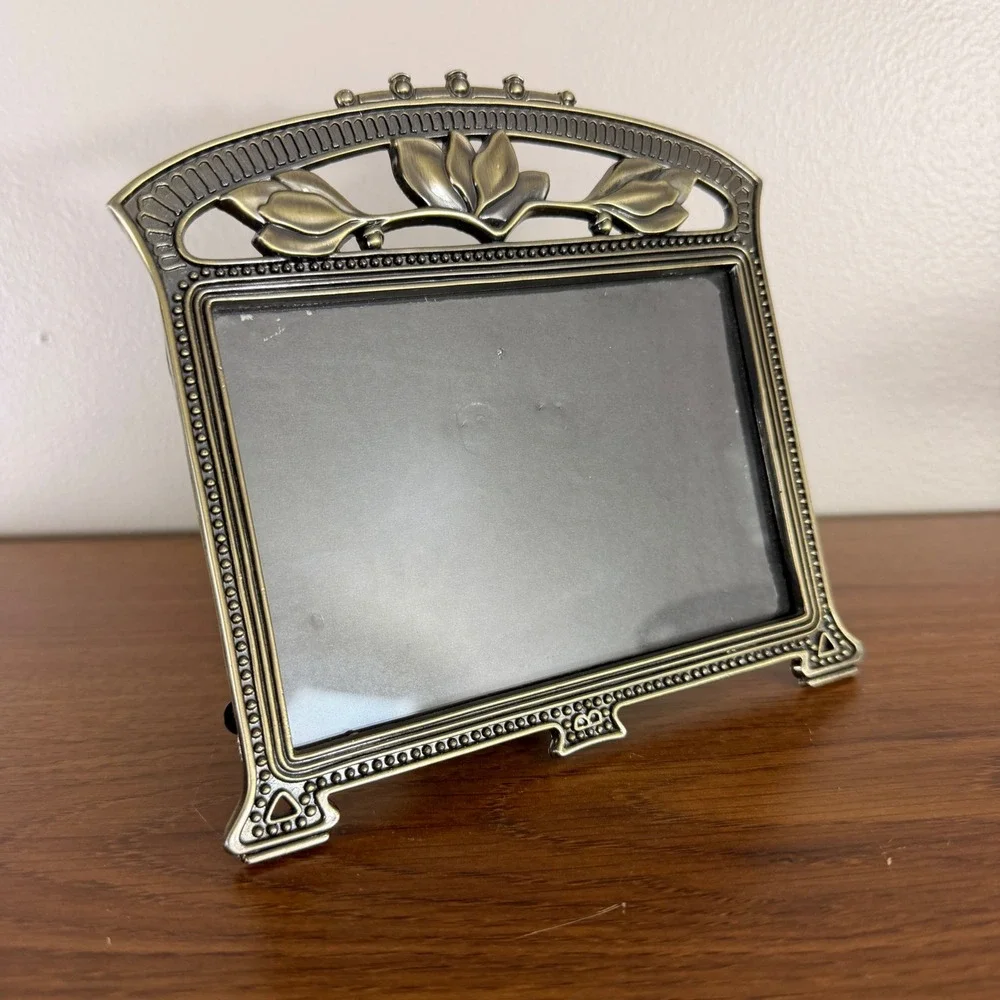 Vintage Art Nouveau Picture Frame Brass Tone Floral Magnolia Hollywood Regency